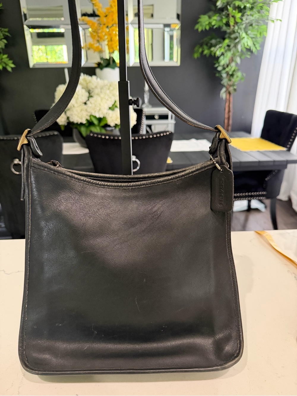Coach Black Leather Shoulder Bag with Brass Accents